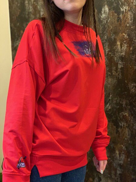 El Boyaması Tasarım Vosvos Kırmızı Kadın Sweatshirt