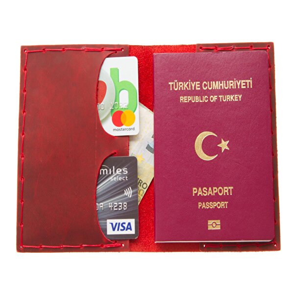 Berlin Say Yes To New Adventure Baskılı, Kırmızı Deri Pasaport Cüzdanı
