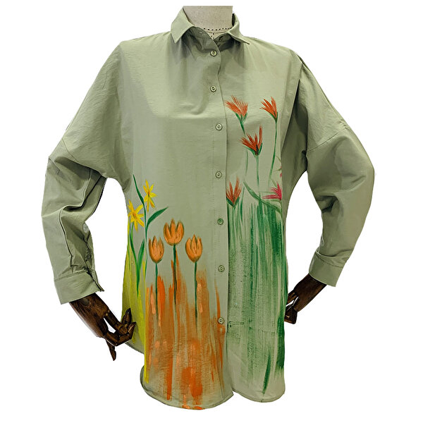 Kır Çiçeği Desenli El Boyama Oversize Gömlek