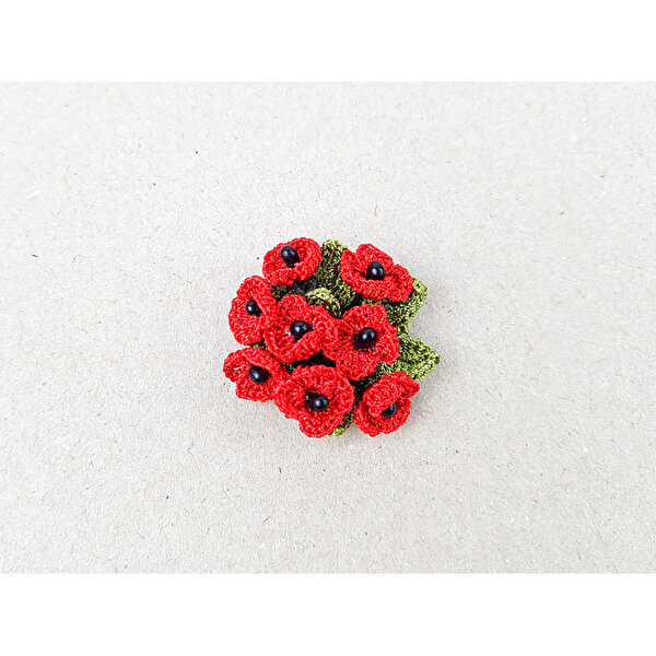 Kırmızı Gelincik Çiçeği Tığ Oyası Broş - Yaka İğnesi