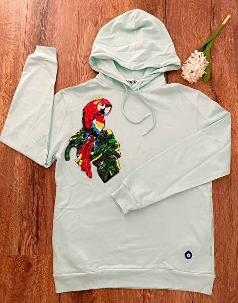 Mint Yeşili Spor Papağanlı Kapşonlu Sweatshirt