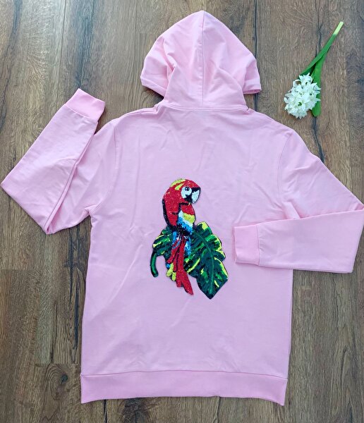 Toz Pembe Spor  Sırtı Papağanlı Kapşonlu Sweatshirt